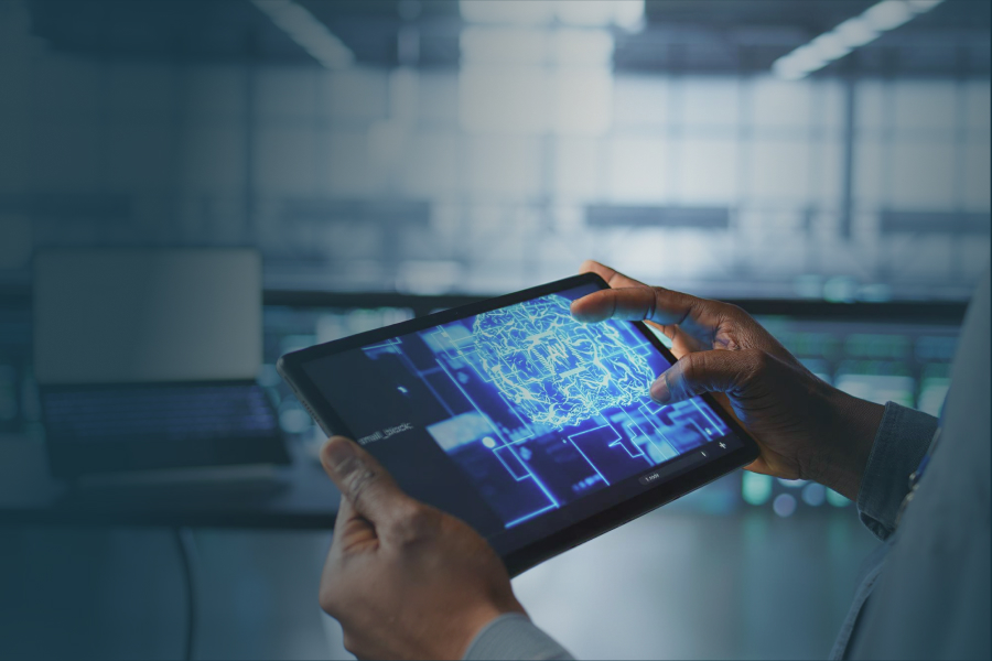 Engineer exploring an AI model on a tablet