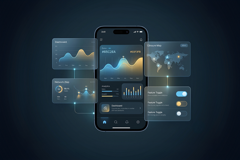 UI/UX design mockups on a mobile dashboard